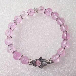 Sleek! Pink Hydrothermal Beads ~ Girlie Stretch Bracelet - Hamsa Hand & Love